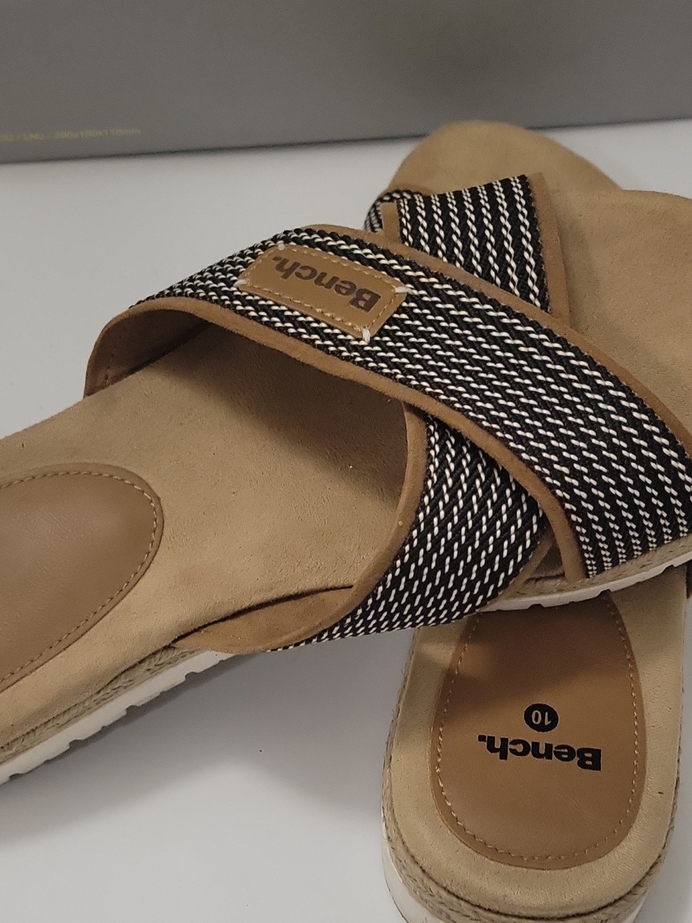 Bench Women's Tan Footbed with Black & White Woven Cross-Strap Sandals